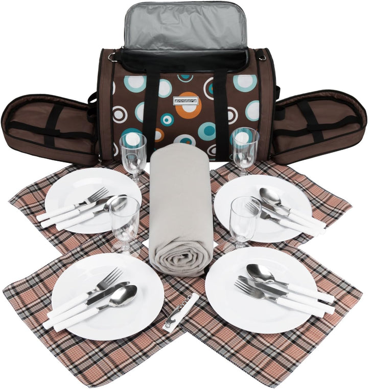 anndora Picknick Kühltasche inkl. Picknick Decke Geschirr Besteck für 4 Personen braun hellblau 3337