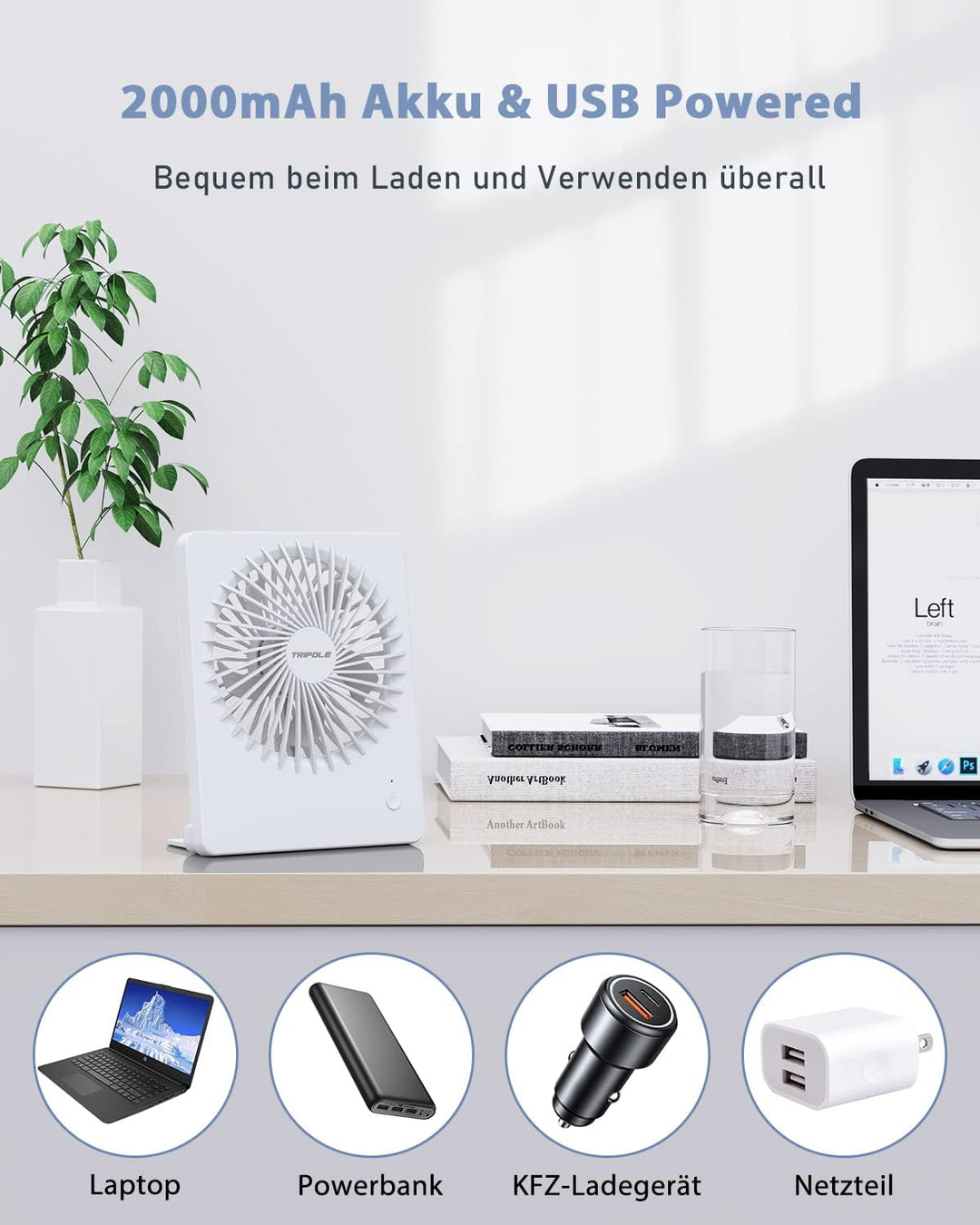 TriPole Tischventilator Leise, 2000mAh Ladefähige USB Ventilatoren Ausführen Bis zu 4-16 Std, 3 Gesc