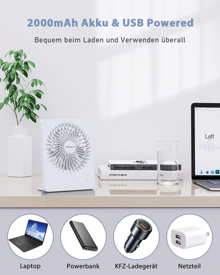 TriPole Tischventilator Leise, 2000mAh Ladefähige USB Ventilatoren Ausführen Bis zu 4-16 Std, 3 Gesc