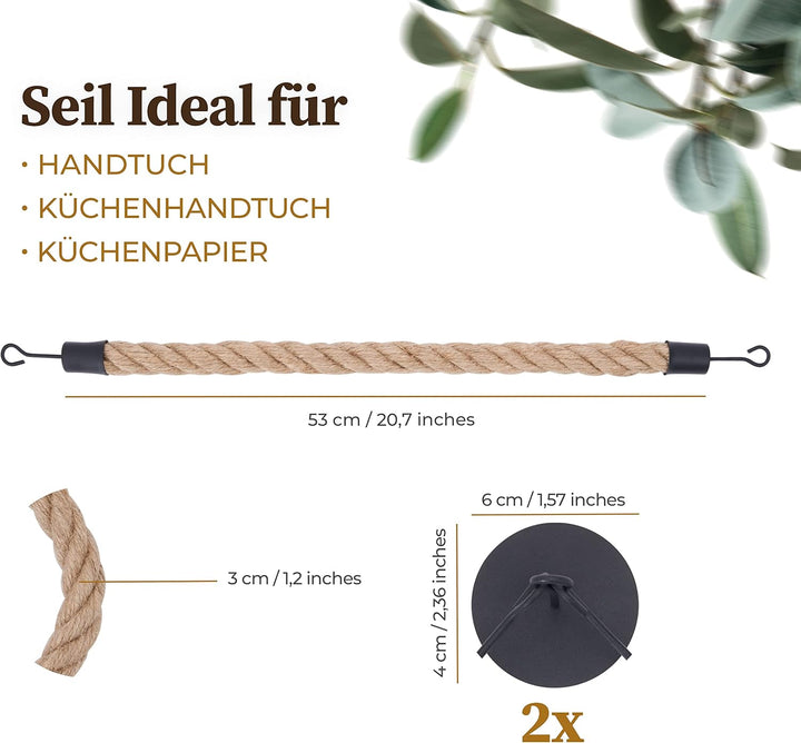 Hennez Handtuchhalter Jute Seil – Wand, Bad ohne Bohren – Küche Kleben statt Bohren – Geschirrtuchha