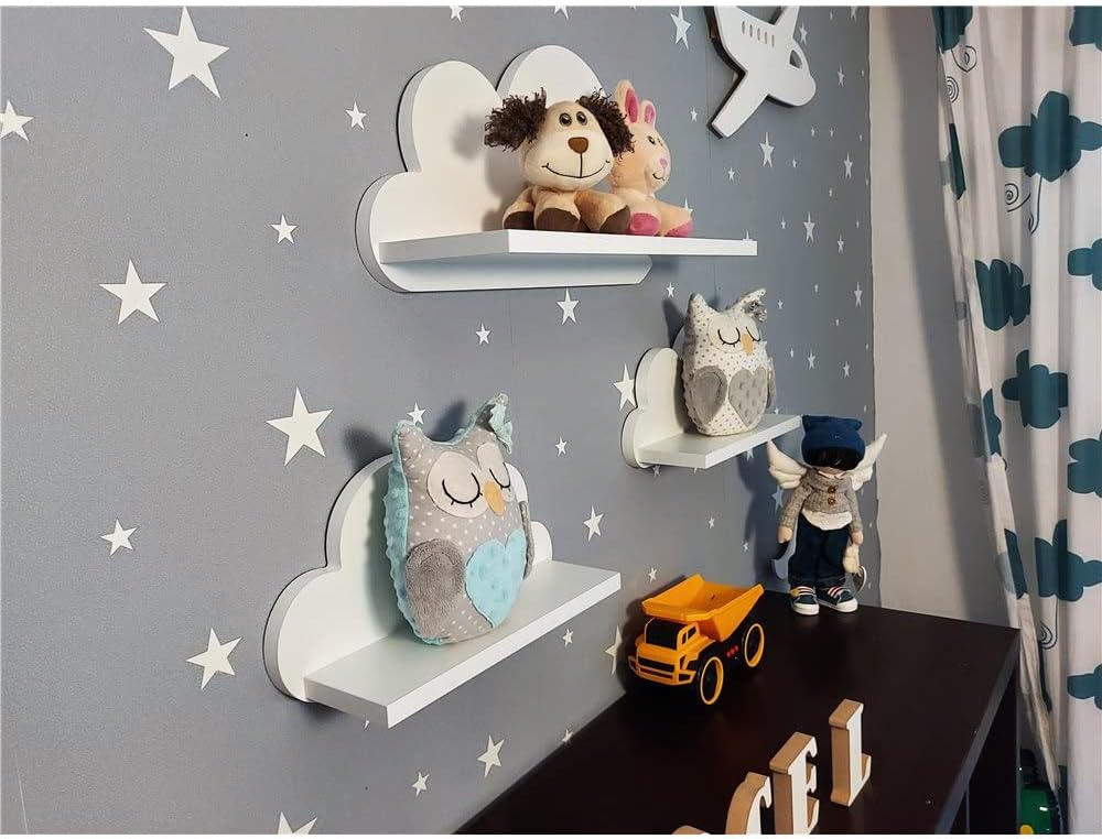 3er Set Wandregal Kinderzimmer Weiss | Babyzimmer Wolkenregal für Bücher, Spielzeug, Dekoration | Re