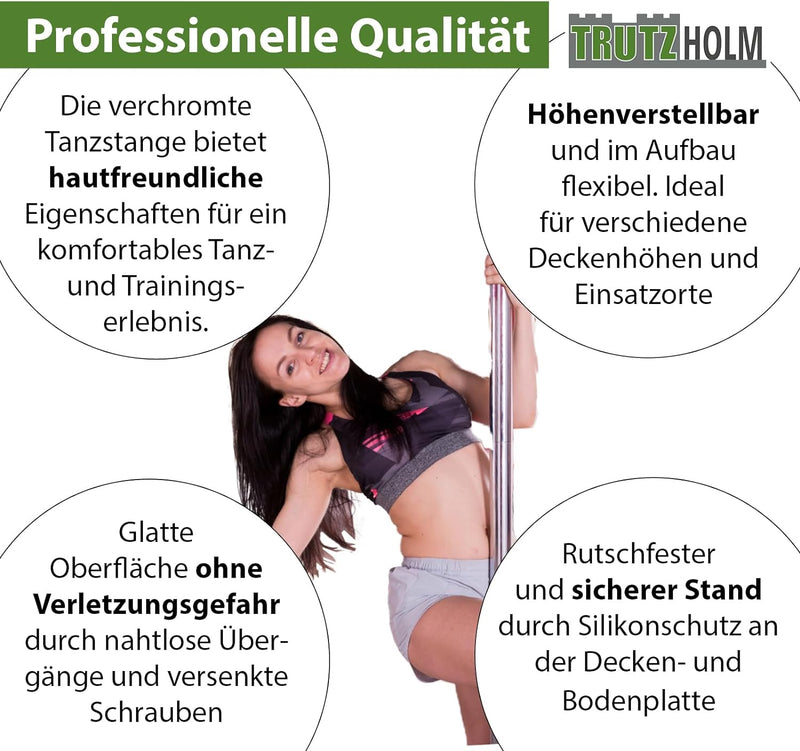 Profi Pole Dance Tanzstange 45mm, GoGo Tabledance mit Static + Spinning Funktion, von 223 - 274 cm H