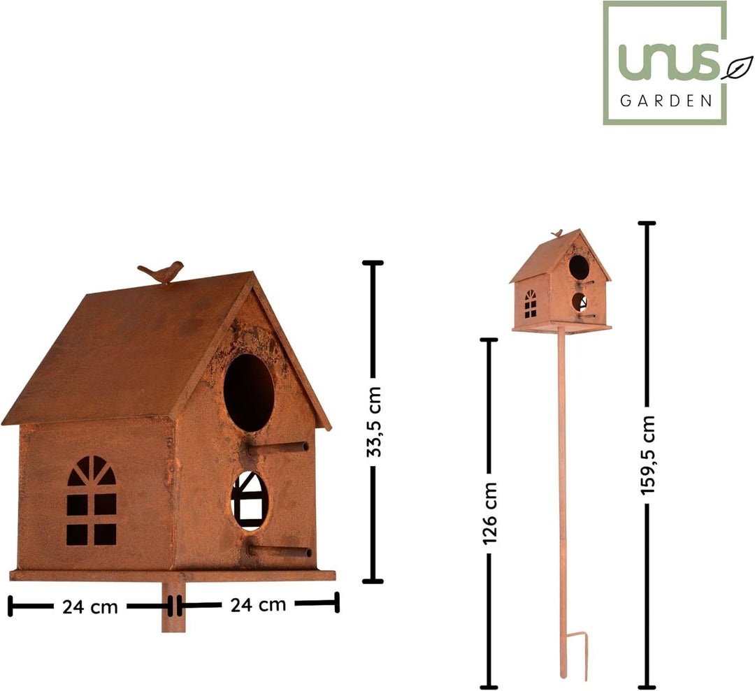 UNUS Vogelhaus mit Stab Metall Rost ca. 126 cm wetterfest dekoratives Vogelhaus Garten Terrasse Balk