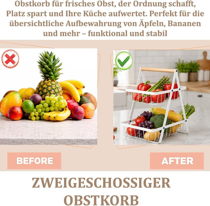 Zweistöckiger Obstkorb mit 2 Ebenen – Platzsparende Obstschale & Obsetagere aus Metall mit Holzgriff