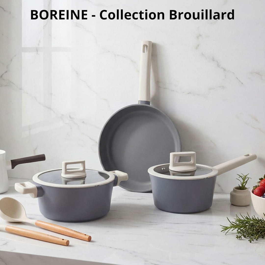 BOREINE Topfset Pfannenset 5-teilig, Bratpfanne 24cm Kochtöpfe 24cm Topf 18cm mit Deckel 18/24cm, An