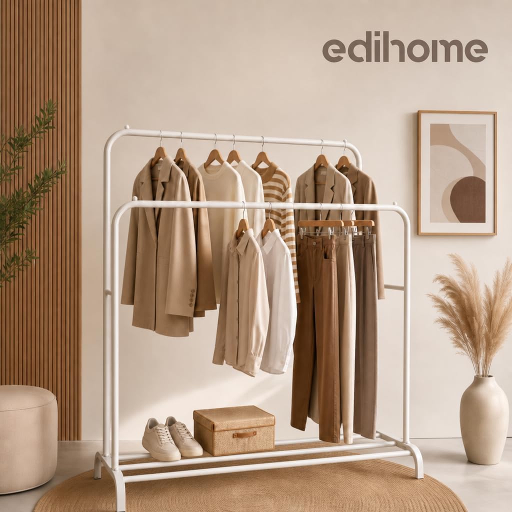 edihome, Kleiderständer, Kleiderstange, Doppelt, 110 x 150 x 54 cm, Schuhregal, Metallisch, Stabil,