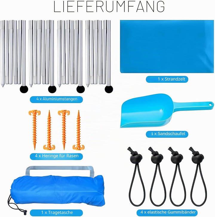 Sonnensegel Strand mit Sandsäcke Lycra UPF 50+ Strandzelt Sonnenschutz Windfest Strandzelt mit 4 Alu