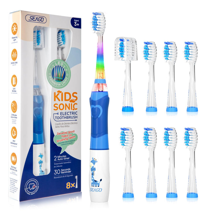 Seago Elektrische Zahnbürste Kinder mit 8 Extra Weiche Aufsteckbürste und 4 Persönliche Modi, LED Li