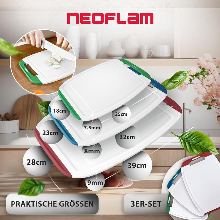 NEOFLAM® – Antibakterielles Schneidebrett Kunststoff rutschfest - 3er Set Schneidbretter Microban® S