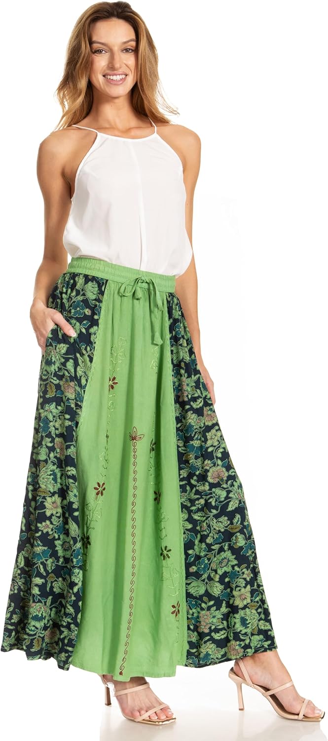 Sakkas Maran Frauen Boho Stickerei Rock mit elastischer Taille und Taschen Einheitsgrösse Salbeigrün