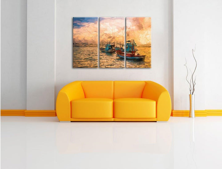 Pixxprint thailändische Fischerboote im Meer als Leinwandbild/Grösse: 3 Teilig (120x80 cm) cm/Wandbi