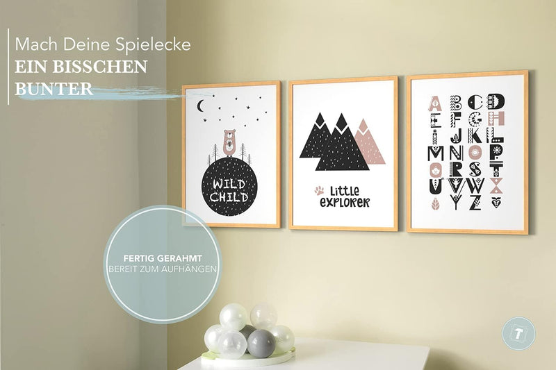 Papierschmiede® Kinderbilder 3er Set, A3 gerahmt in Holzrahmen (Natur), Geschenk für Jungen & Mädche