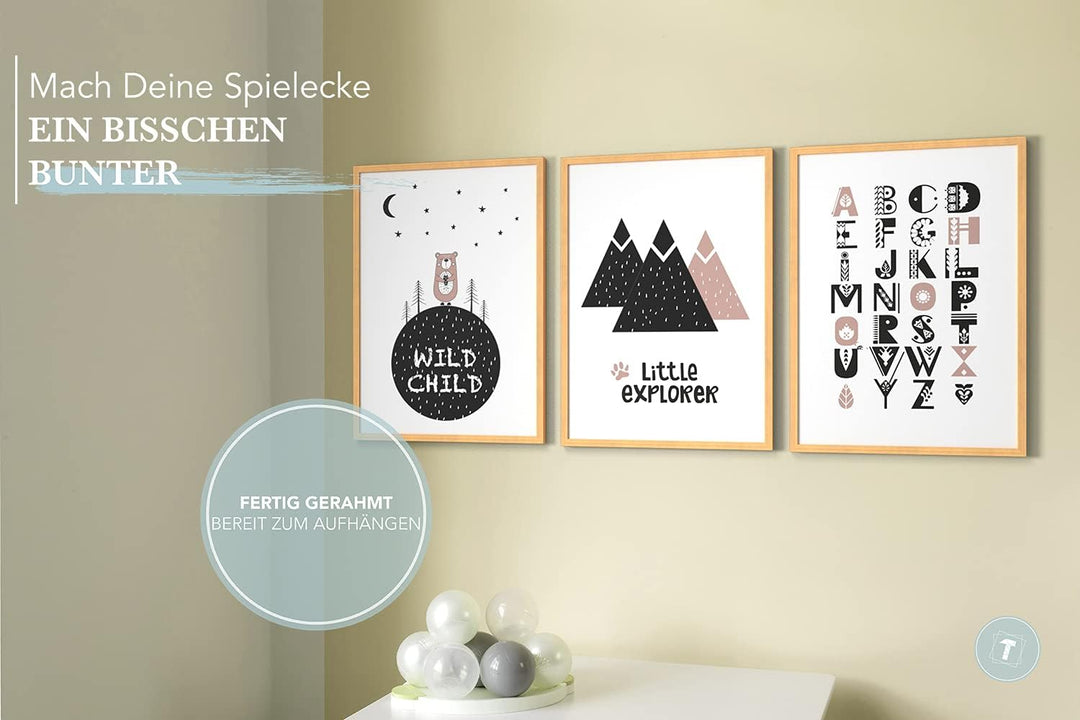 Papierschmiede® Kinderbilder 3er Set, A3 gerahmt in Holzrahmen (schwarz), Geschenk für Jungen &amp; Mädc