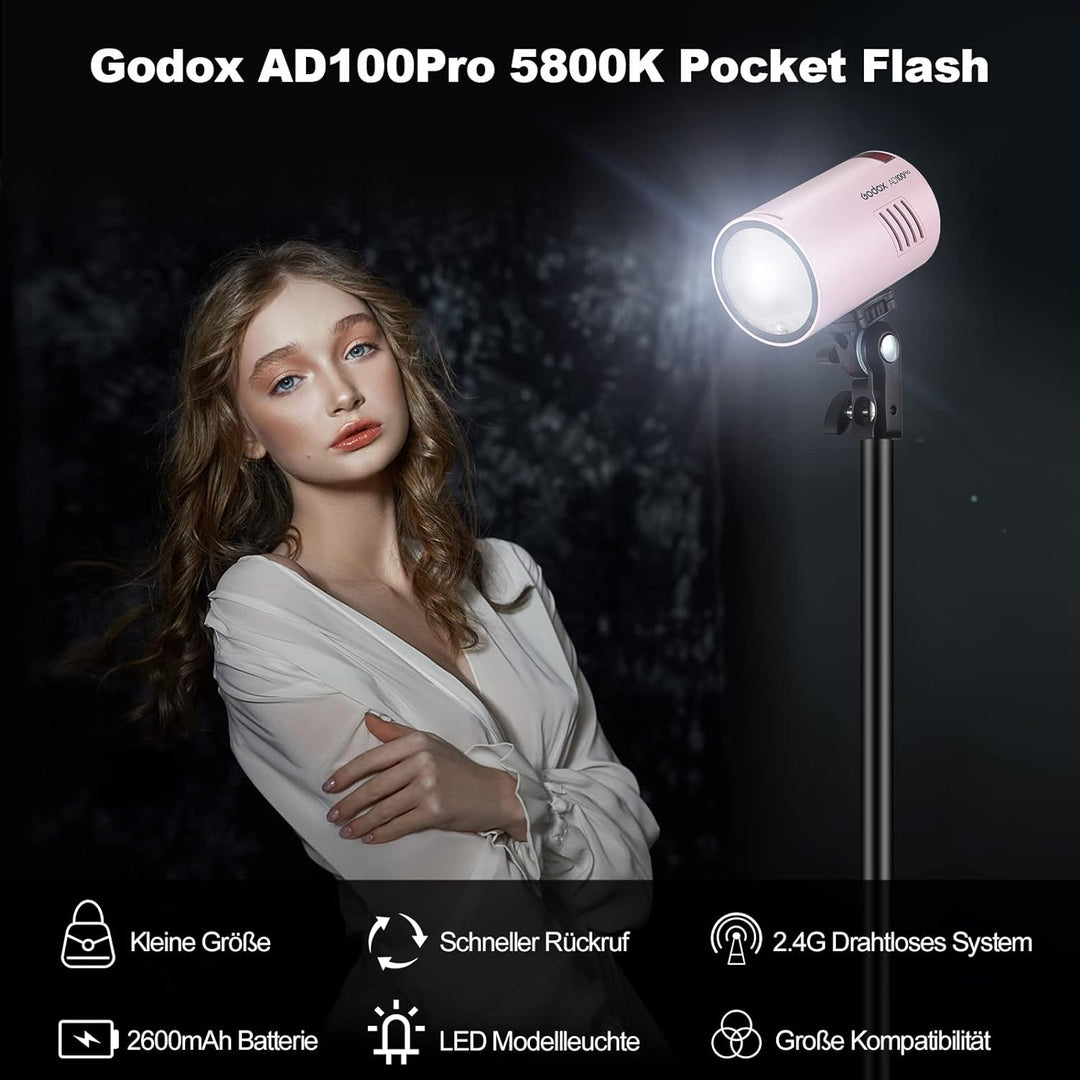 GODOX Pink AD100Pro Kit Strobe Light Photography,100Ws 2.4G Wireless HSS 1/8000s Outdoor Flash Light