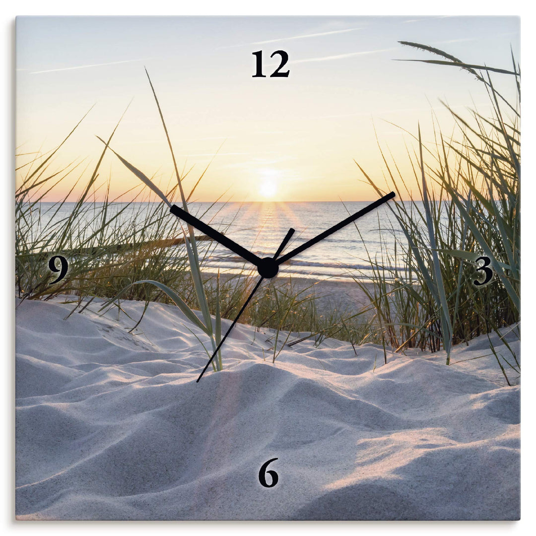 ARTLAND Wanduhr ohne Tickgeräusche Leinwand Quarzuhr 30x30 cm Quadratisch Lautlos Strand Meer Ostsee