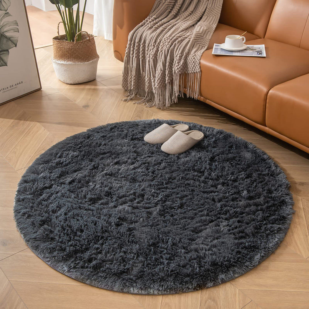 CHOSHOME Teppich Rund 120CM Teppich Wohnzimmer Hochflor Waschbar Teppich Shaggy Grau Runden Teppiche
