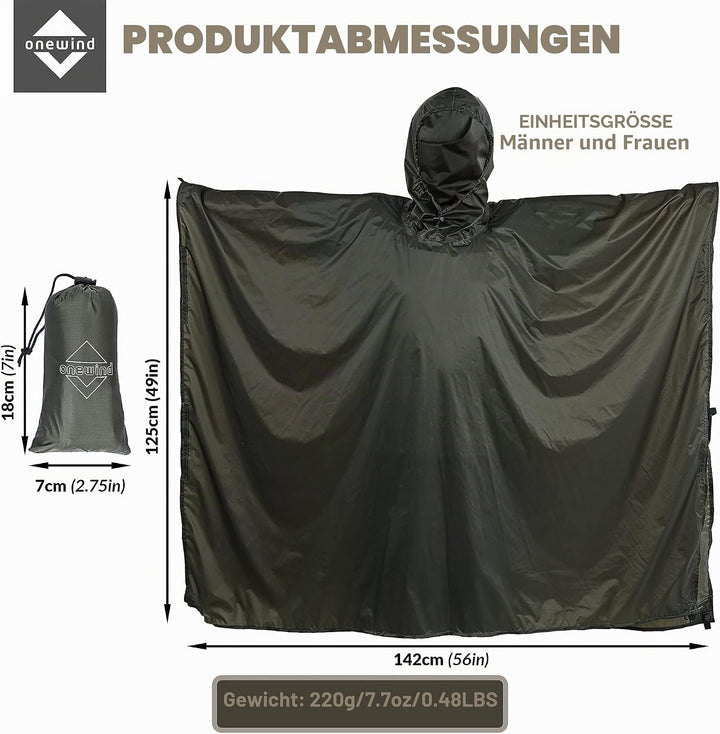 onewind Rucksack Regen Poncho Ultraleichte Kapuze Regenmantel S Olive Grün-226cm*142cm, S Olive Grün