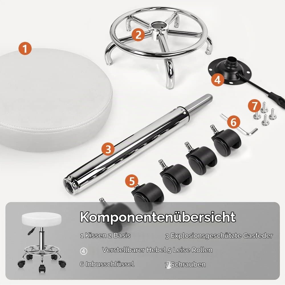 KKTONER Rollhocker höhenverstellbar drehbar Barhocker Arbeitshocker aus Kunstleder Bürohocker Weiss,