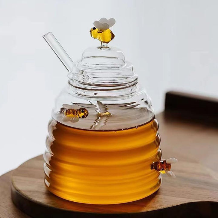 Honigglas aus Glas mit künstlerischen Bienen-Verzierungen und Glaslöffel, 450 ml