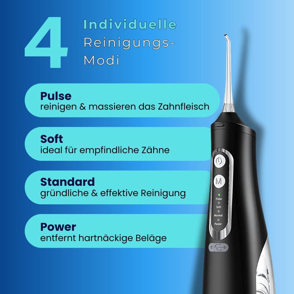 DM14 Munddusche – Kabelloser Water Flosser mit 4 Modi & 4 Aufsätzen – Zahndusche für Zahnreinigung –