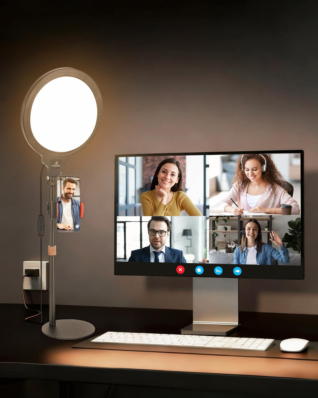10'' LED Ringlicht mit Höhenverstellbarem Tischständer (54–74 cm), Dimmbares Videokonferenz Licht mi