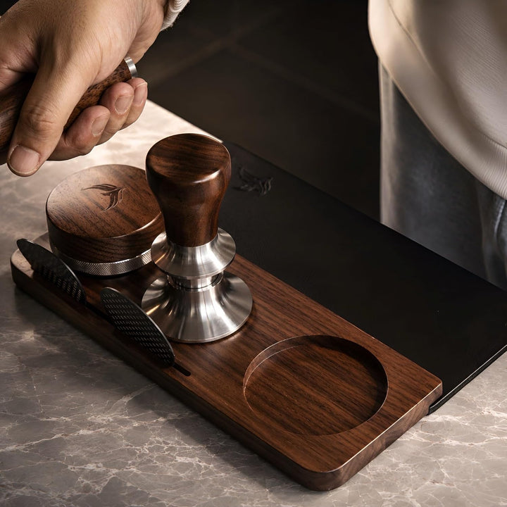 58mm Tampermatte Walnuss und Leder – Espresso Tamping Matte für Siebträgermaschine Barista Organizer