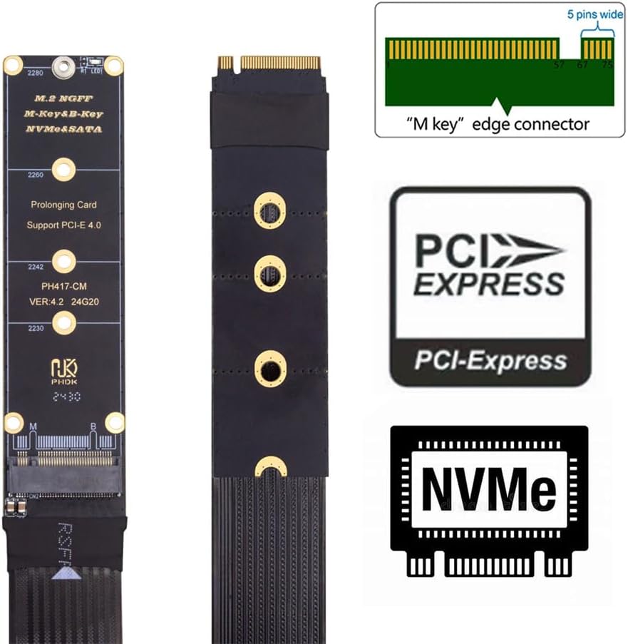 Xiwai NGFF M-Key NVME SSD Extender Karte mit PCI-E 4.0 Flexibles PCI-Express-Verlängerungskabel, 30