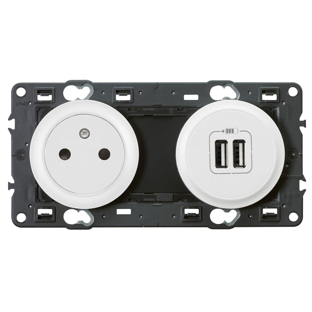 Legrand Céliane Steckdose mit Erdung/Zwei Steckdosen USB, weiss, 099508, 250 voltsV, Weiss