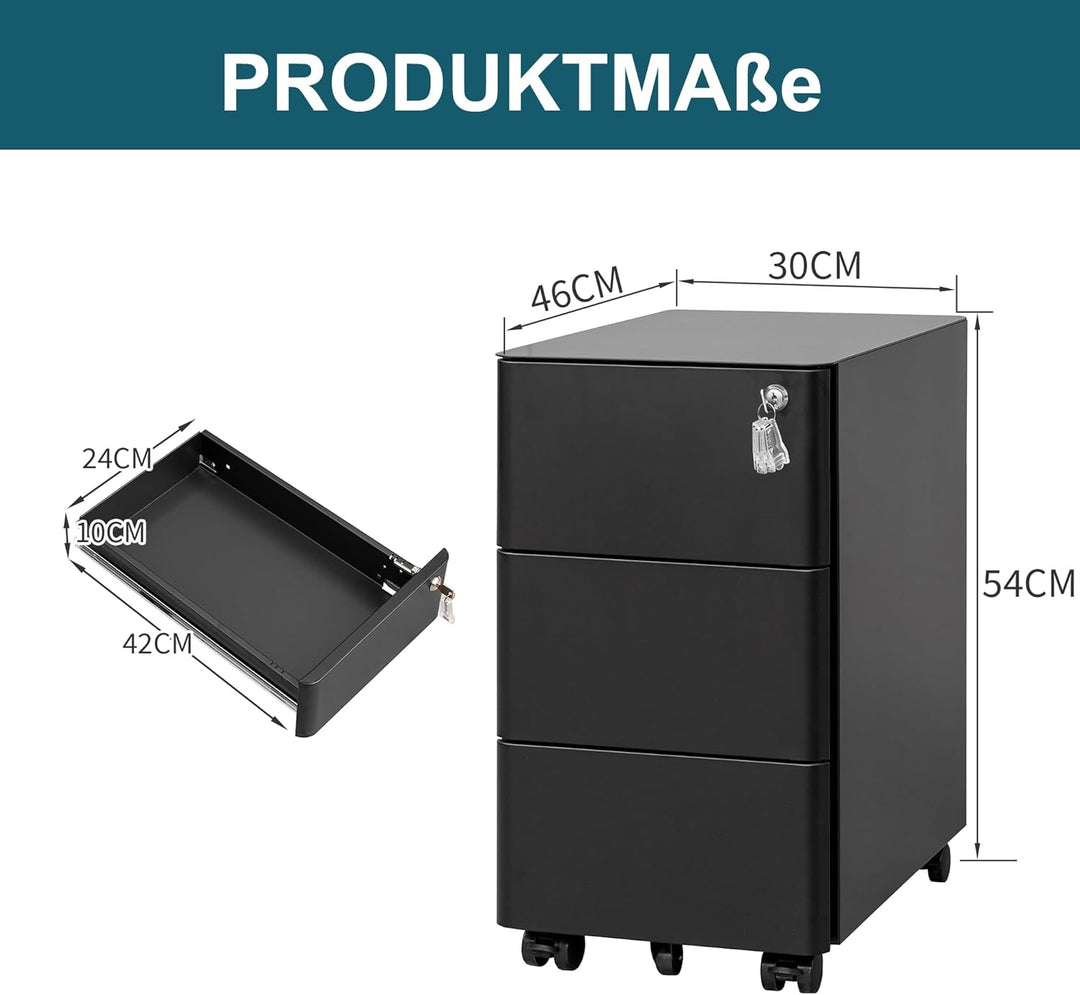 Aktenschrank mit 3 Schubladen und Schloss, Schwarz, OFC332B01, Schwarz 53,7cm H*30,0 cm W-3 Schublad
