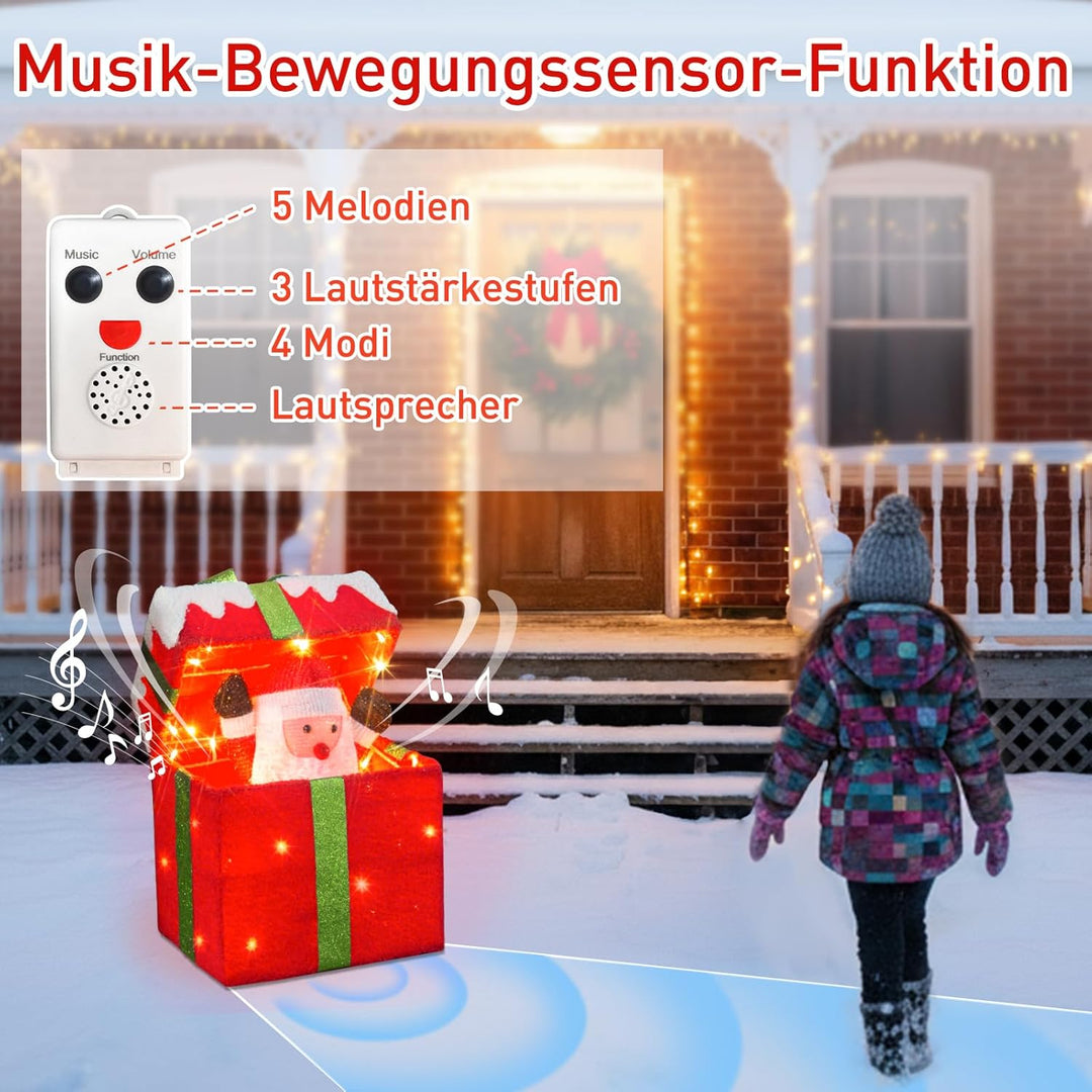 Selbstöffnende Geschenkbox mit Weihnachtsmann Beleuchtete Weihnachtsdeko Outdoor mit Musik & 4 Modi