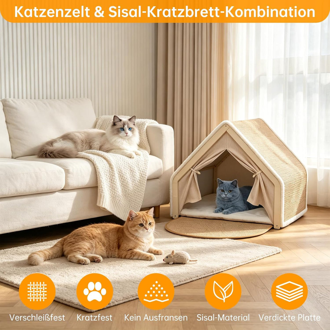 Sisal &amp; Holz Katzenhöhle Katzenhaus Indoor mit Oben Kratzbrett Katze(Beige) | Katzenbett, Abnehmbare