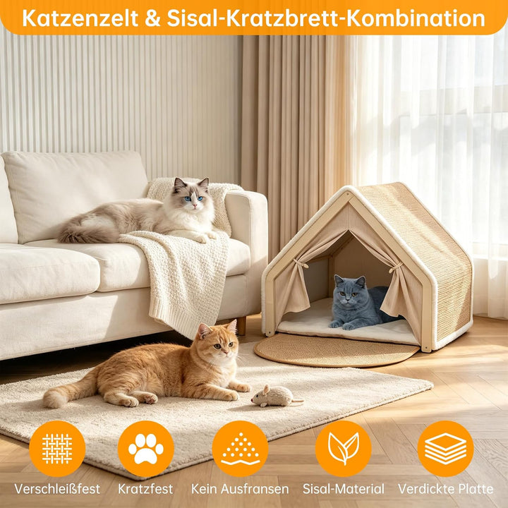 Sisal &amp; Holz Katzenhöhle Katzenhaus Indoor mit Oben Kratzbrett Katze(Beige) | Katzenbett, Abnehmbare