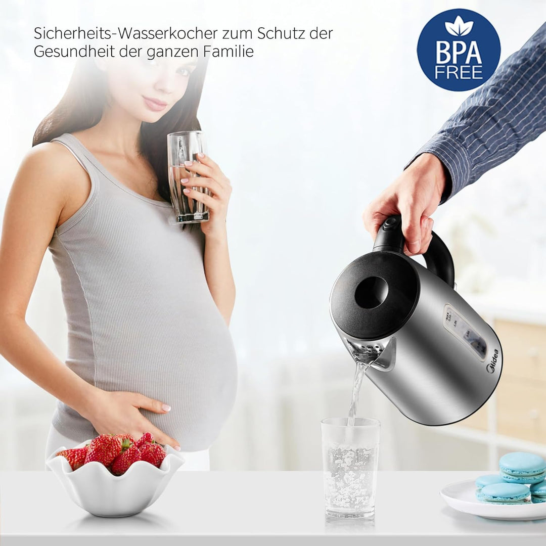 Midea Wasserkocher Edelstahl 1.7L, BPA-freier Wasserkocher, 2200W Schnellkochfunktion, Kettle mit Wa