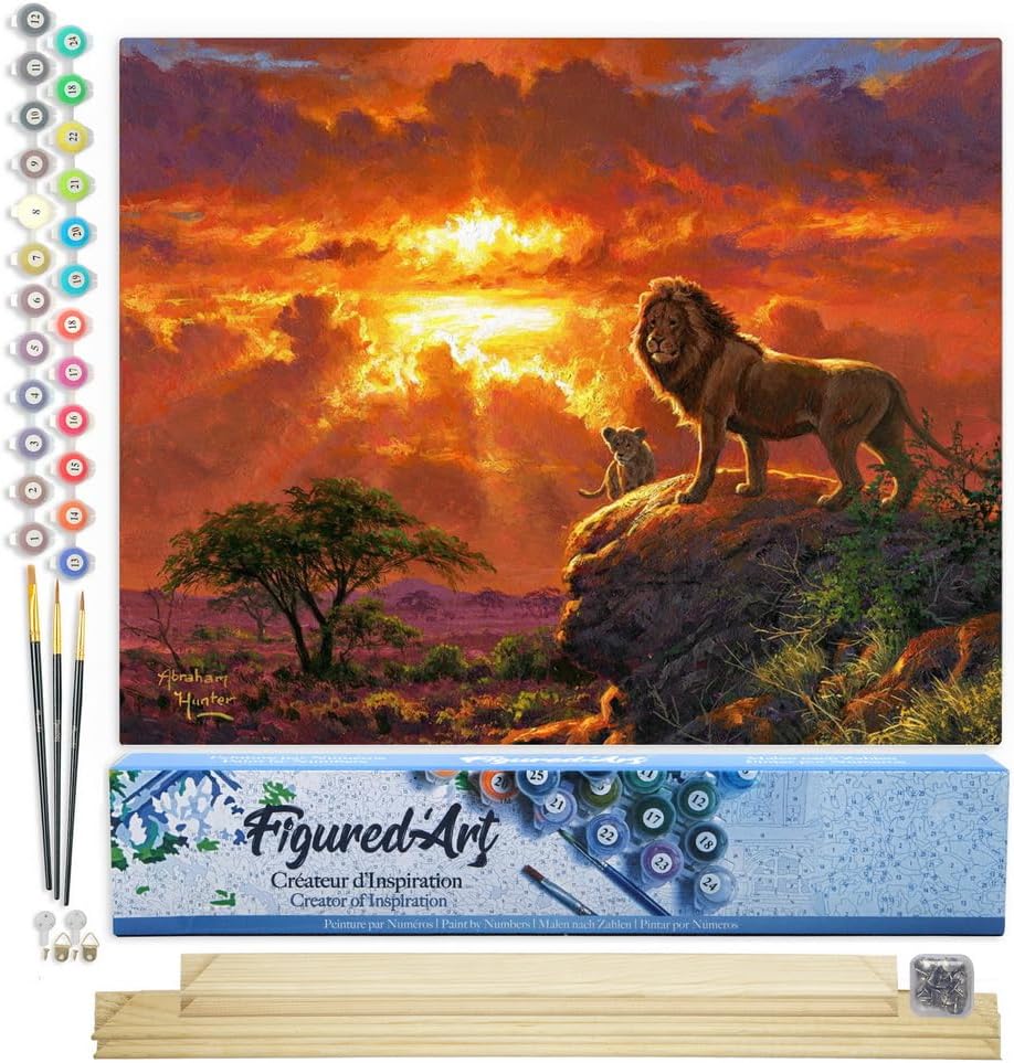 Figured'Art Malen Nach Zahlen Erwachsene Mit Rahmen Löwe und Sonnenuntergang - Paint by Numbers Bast