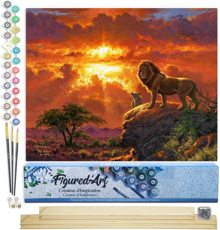 Figured'Art Malen Nach Zahlen Erwachsene Mit Rahmen Löwe und Sonnenuntergang - Paint by Numbers Bast