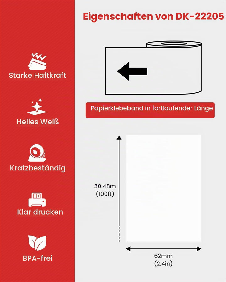 DK-22205 Endlosetiketten 62mm x 30,48m Etikettenrolle 10 Etiketten DK22205 Selbstklebende Etiketten
