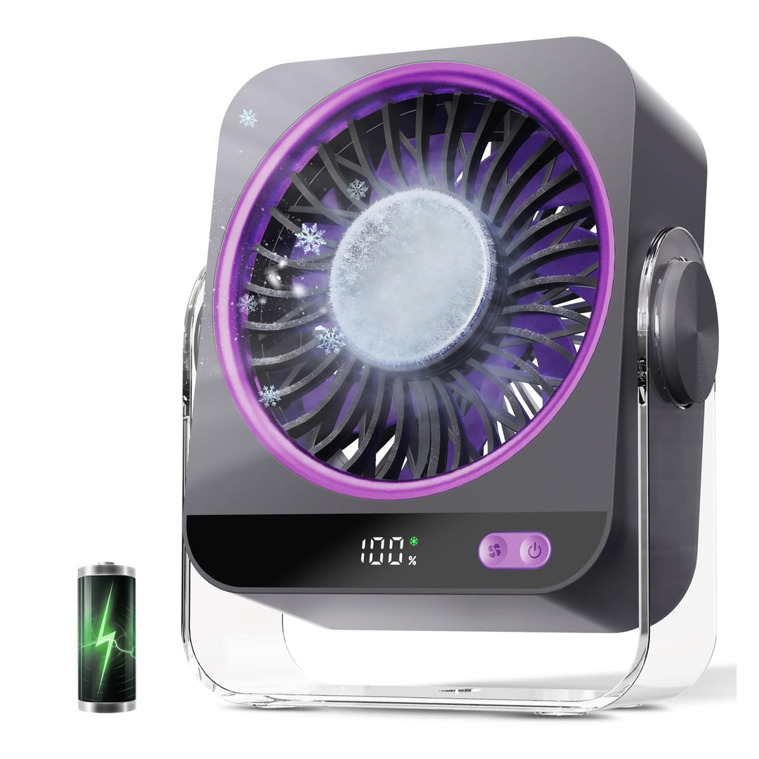 Ventilator Akku mit Eiskühlung, 4000mAh Tischventilator Akku, USB C Aufladbar Ventilator Klein, Trag