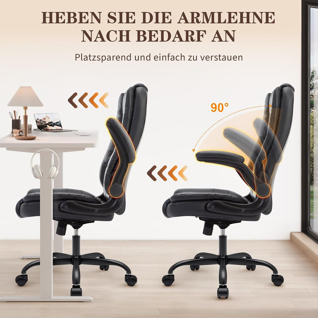 IWMH Ergonomischer Bürostuhl 180KG, Schreibtischstuhl PU Leder mit Hochklappbaren Armlehnen, Chefses