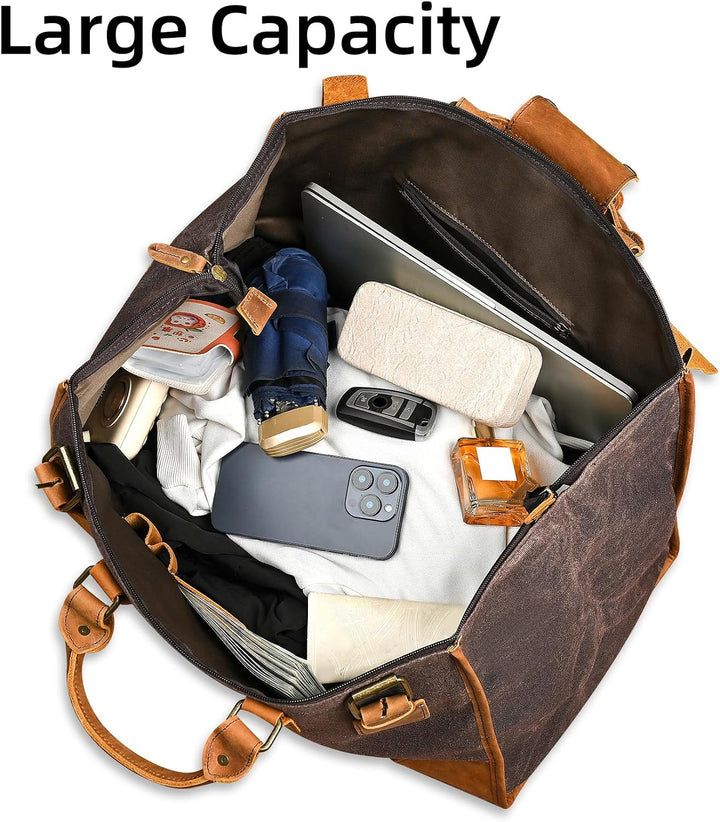 Wasserabweisend Canvas Crazy Horse Leder Reisetasche 35L Trim Unisex Handgepäck Weekender Tasche Spo