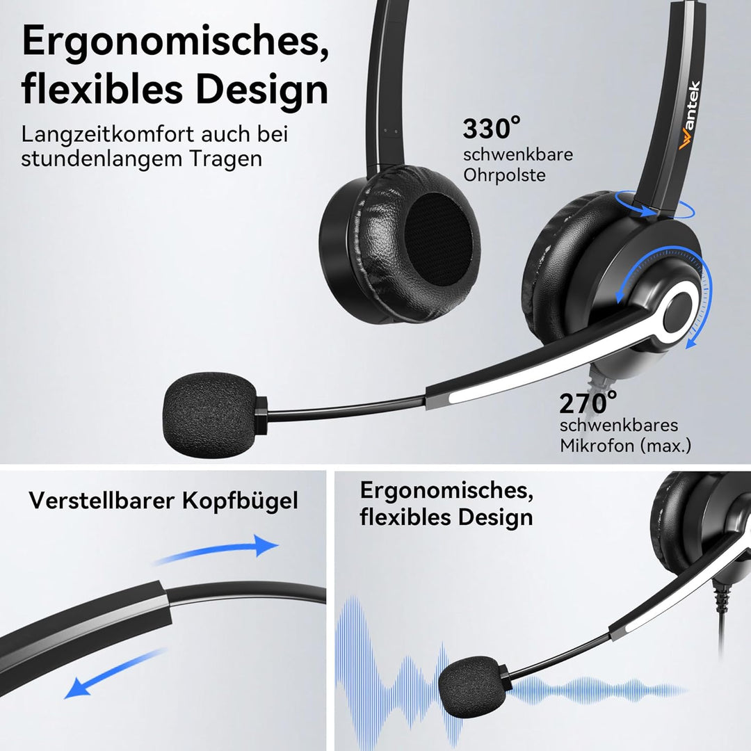 Wantek USB Headset mit Mikrofon für PC Laptop Büro, USB Stecker Typ-C Adapter Für Call Center Online