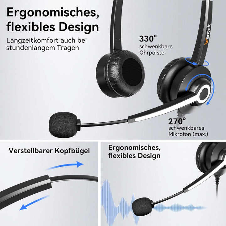 Wantek USB Headset mit Mikrofon für PC Laptop Büro, USB Stecker Typ-C Adapter Für Call Center Online