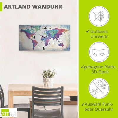 ARTLAND Wanduhr ohne Tickgeräusche Alu Funkuhr lautlos 60x30 cm Rechteckig Weltkarte Modern Abstrakt