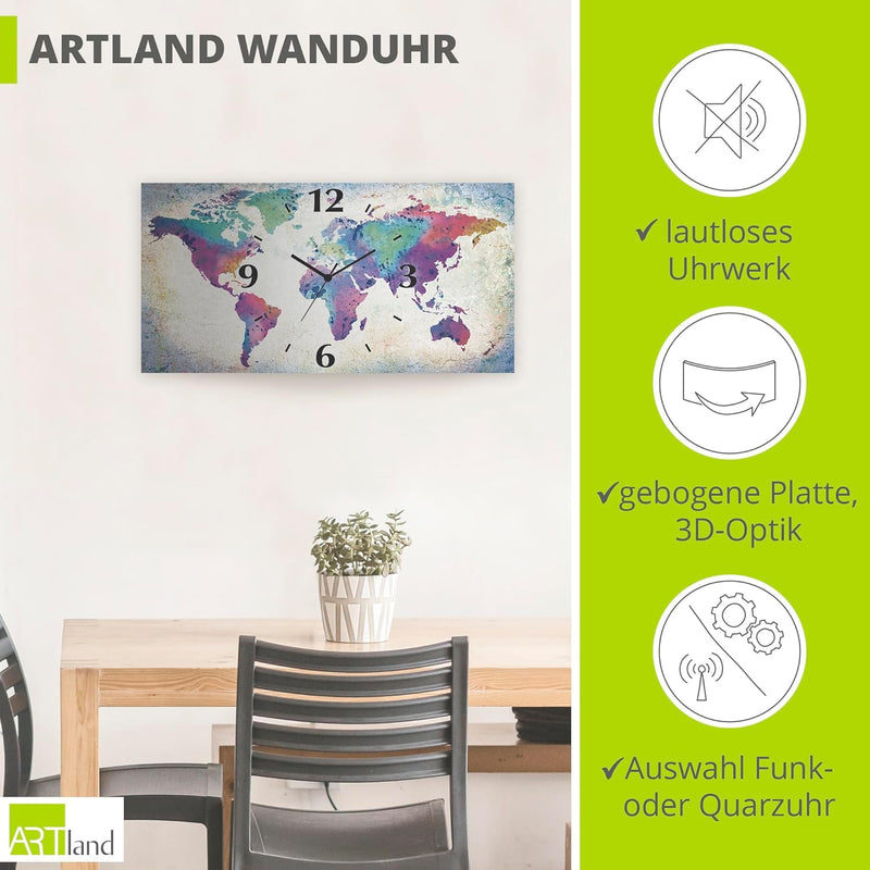 ARTLAND Wanduhr ohne Tickgeräusche Alu Quarzuhr lautlos 60x30 cm Rechteckig Weltkarte Modern Abstrak