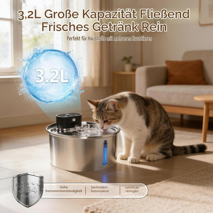 ETACCU Trinkbrunnen für Katze Kabellos, 3.2L Katzenbrunnen Edelstahl mit 3m Bewegungsmelder, 5000mAh