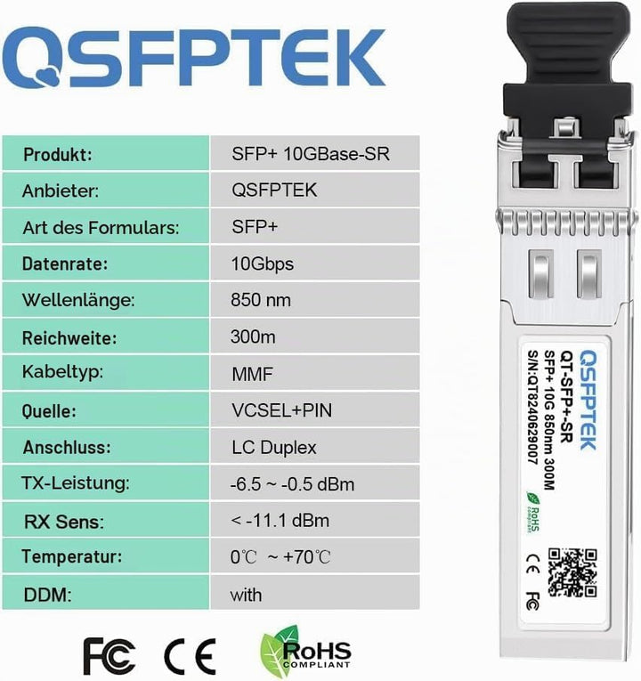 QSFPTEK (10Pack 10GBASE-SR SFP+ Modul 10G 850nm 300M DDM LC Port Multimode SFP+ Transceiver Kompatib