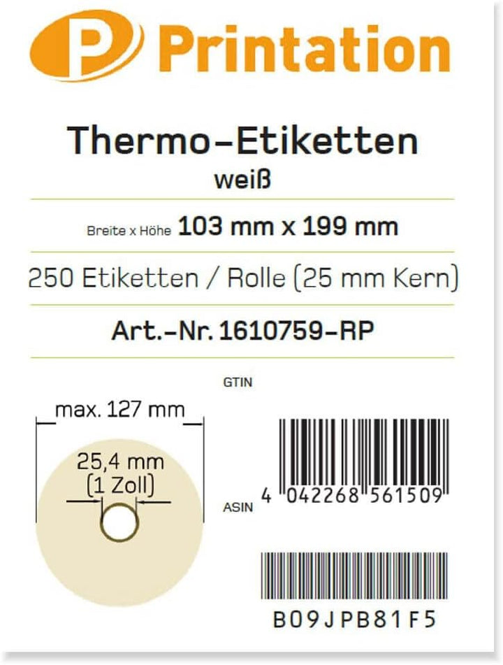 Printation Versandetiketten 103 x 199 mm weiss DHL, DPD, GLS, UPS - 1500 103x199 Thermo Versand Etik