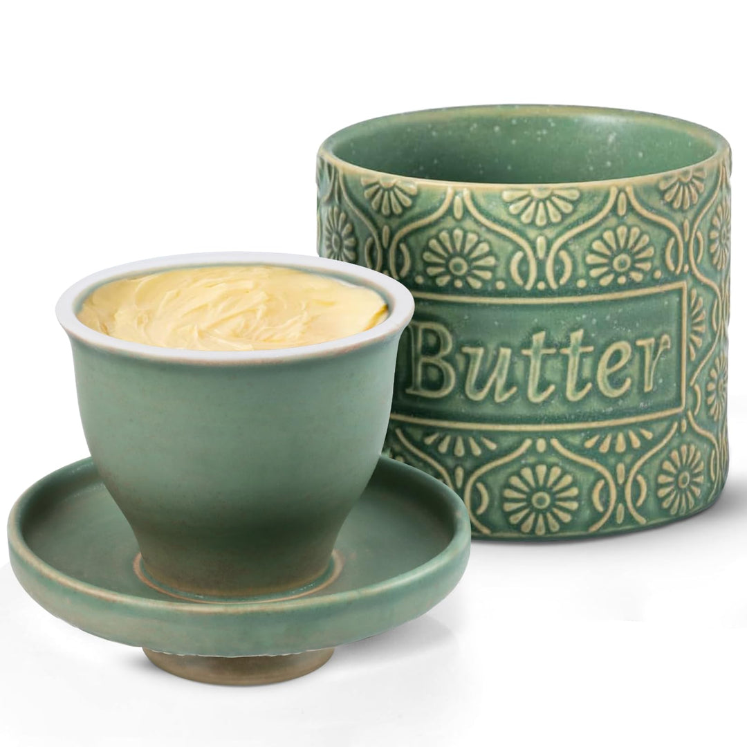 französische Keramikbutterglocke mit Deckel, Wassergekühlte Butterdose mit Wasserlinie, für frische