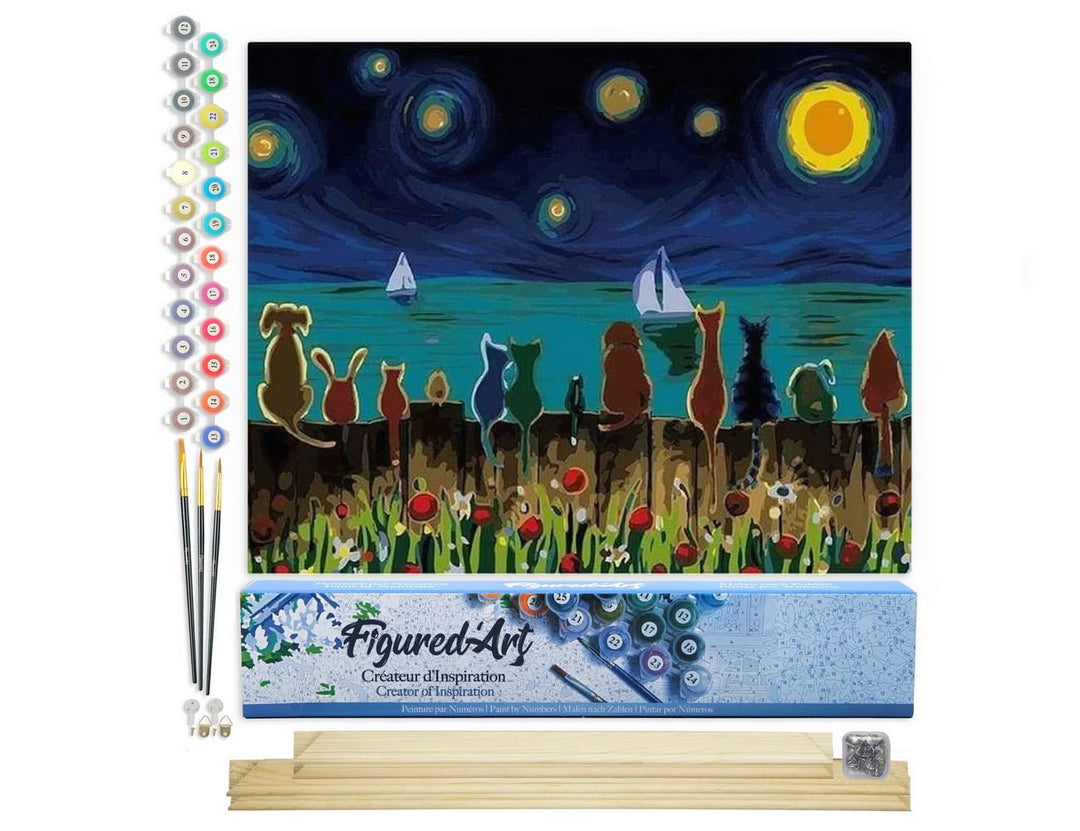 Figured'Art Malen Nach Zahlen Erwachsene Mit Rahmen Sternennacht und Tiere von hinten - Paint by Num