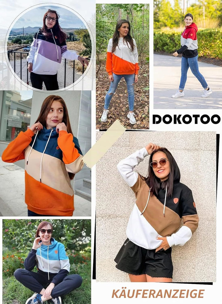Dokotoo Damen Kapuzenpullover Stehkragen Hoodie Pullover Farbblock Sweatshirt Langarmshirt Oberteile