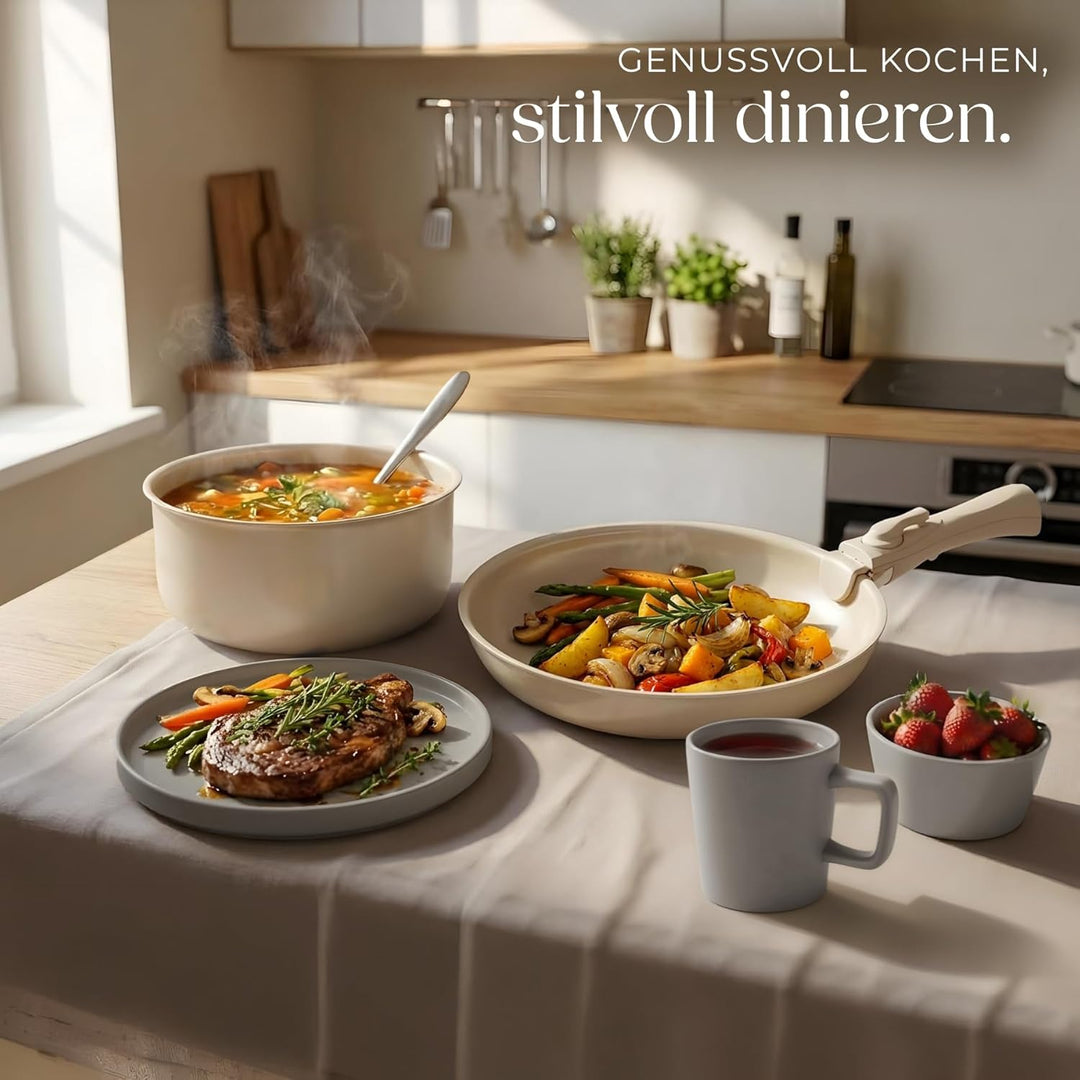 tectake® Küchenstarterset 6 Personen, Steingut Geschirr Set, Teller, 3 Pfannen, 2 Töpfe, rostfreies
